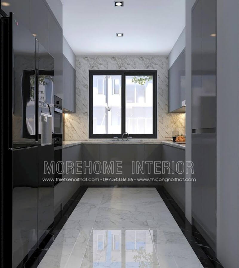Xu hướng trang trí phòng bếp đẹp theo phong cách hiện đại sử dụng đá lớn ốp tường đang trở thành trào lưu vừa tăng tính thẩm mỹ mà còn giúp phòng bếp luôn được như mới. Hiện nay bạn còn có thể sử dụng đá uốn cong từ mặt bàn bếp và tường bếp để tạo sự liền mạch không một vết nối từ các dòng đá cao cấp như đá LG chuyên được thi công bởi Morestone. Thiết kế nội thất biệt thự