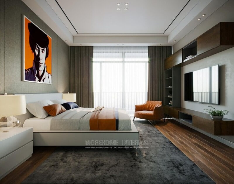 Thiết kế nội thất phòng ngủ ấn tượng với hệ cửa lớn cùng rèm 2 lớp vừa tận dụng tối đa ánh sáng tự nhiên nhưng vẫn giúp căn phòng chống lại sức nóng oi ả ngày hè hiệu quả. Thiết kế nội thất biệt thự