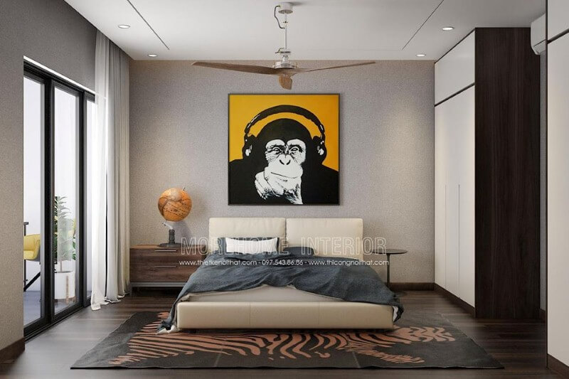 Thiết kế phòng ngủ hiện đại đẹp với tranh canvas treo tường cùng quả địa cầu độc đáo. Thiết kế nội thất biệt thự