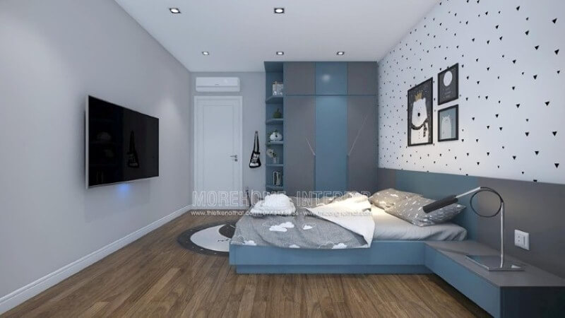 Tủ quần áo đẹp liền kệ để đồ sẽ là gợi ý ấn tượng để phòng bé luôn được gọn gàng ngăn nắp. Mẫu thiết kế nội thất chung cư đẹp