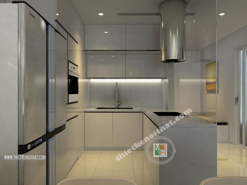 Mẫu thiết kế nội thất phòng bếp đẹp với hệ tủ bếp acrylic màu trắng kết hợp bàn đảo ốp đá nhân tạo cao cấp mang đến không gian sang trọng và đẳng cấp Mẫu tủ bếp chung cư acrylic