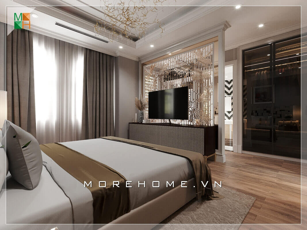 Kệ tv cũng là một trong những đồ nội thất không thể thiếu trong thiết kế nội thất phòng ngủ cao cấp, ở đây kệ tv gỗ nhìn khá đơn giản nhưng cũng hết sức sáng tạo và hiện đại. Thiết kế phòng ngủ biệt thự
