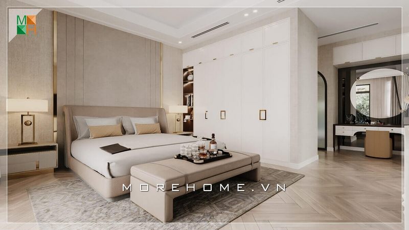Mẫu thiết kế giường ngủ dạng bệt bằng gỗ bọc nỉ đầu giường tạo sự êm ái khi thư giãn nghỉ ngơi, phù hợp chung cư, nhà phố, biệt thự phong cách hiện đại