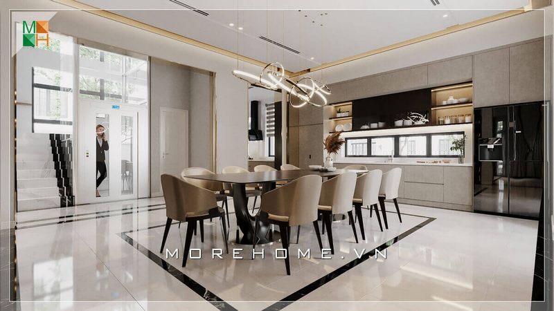 Bộ bàn ăn 10 ghế bằng gỗ tự nhiên óc chó đệm ngồi bọc nỉ màu kem, bàn ăn mặt đá đen cao cấp cho chung cư, nhà phố, biệt thự phong cách hiện đại