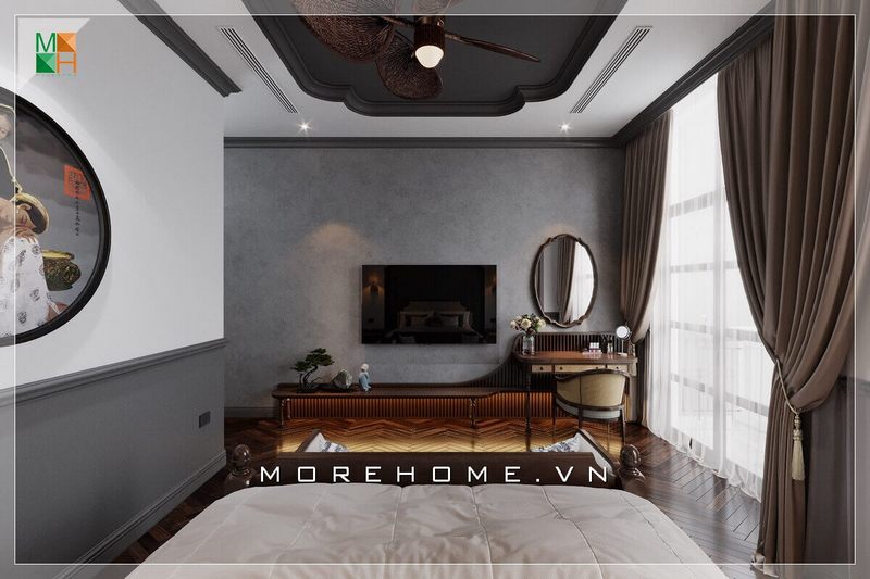 Mẫu kệ tivi phòng ngủ rất độc đáo thể hiện sự tiện nghi và sang trọng với cách bố trí ấn tượng.