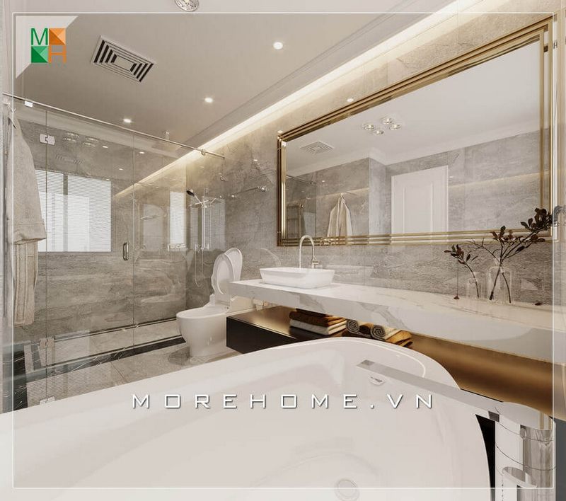 Mẫu nhà tắm kết hợp nhà vệ sinh được ngăn cách bằng vách tắm kính cường lực cao cấp thể hiện sự đẳng cấp và sáng tạo trong thiết kế.