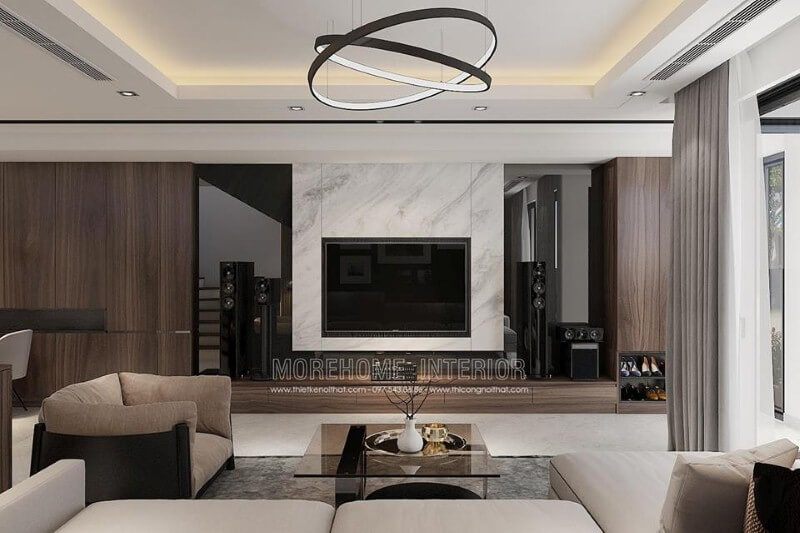 Đá ốp tường vân mây càng đẹp điểm nhấn ấn tượng trong trang trí phòng khách hiện đại.
