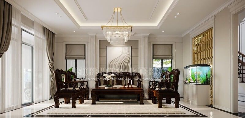 Phòng khách với thiết kế nhiều cửa giúp không gian luôn được thông thoáng.