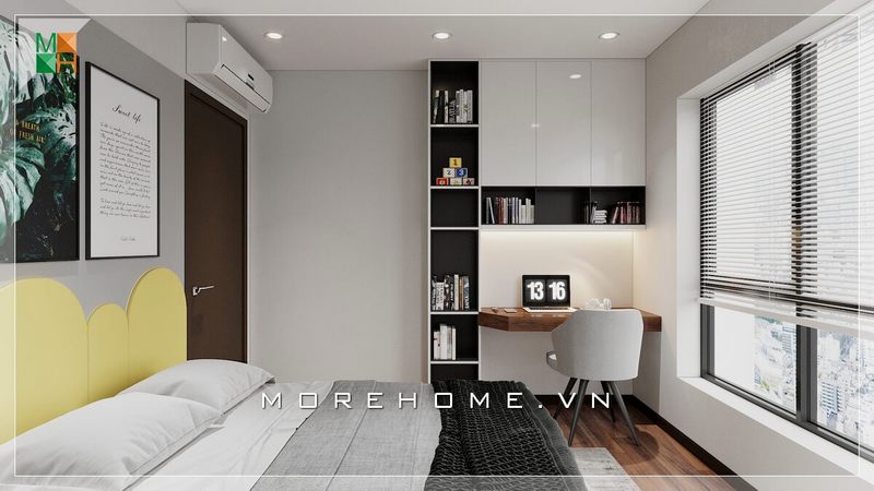 Mẫu tủ hiện đại kết hợp kệ giá sách và bàn làm việc thiết kế âm tường kịch trần rất thông minh và tiện lợi cho phòng ngủ hiện đại.